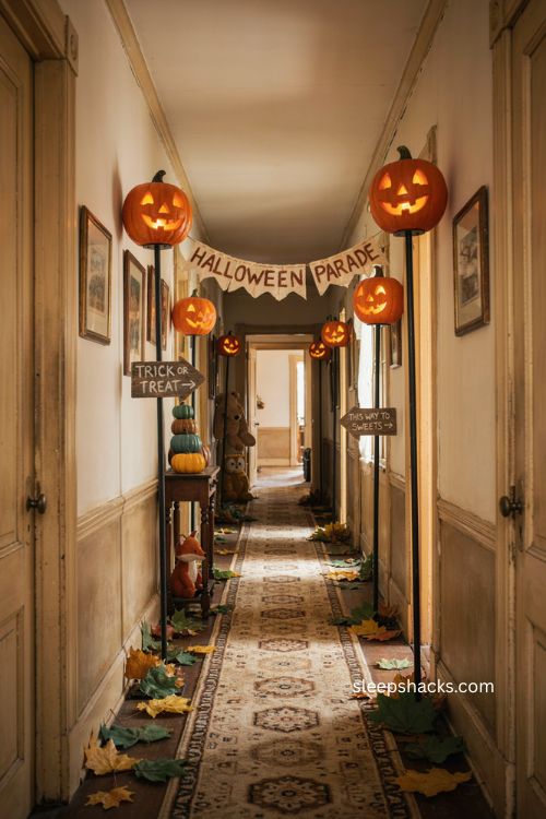 Whimsical Halloween hallway trick or treat trail with jack o lanterns and autumn leaves 