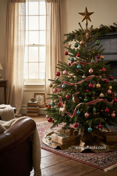 Whimsical animal ornaments on a Christmas tree with birds rabbits foxes and deer 