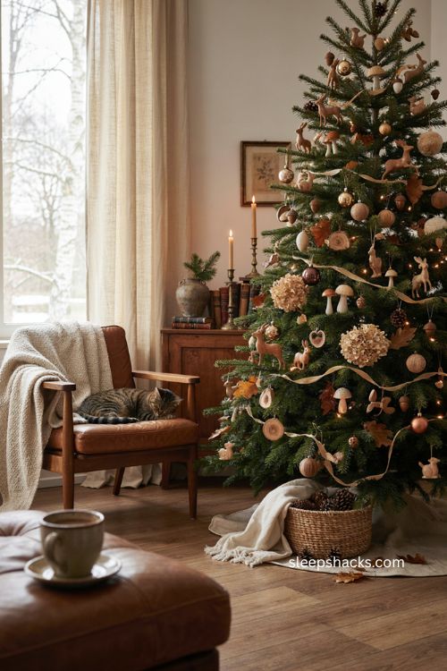 Whimsical brown Christmas ornaments with woodland animals mushrooms and natural accents