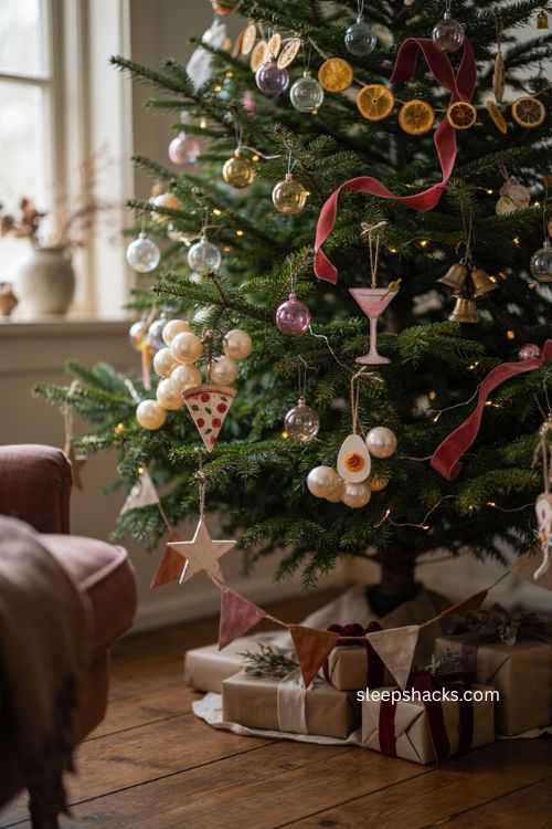 Whimsical food themed Christmas ornaments on an eclectic holiday tree 