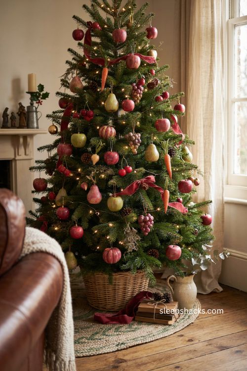 Whimsical fruit and vegetable Christmas ornaments with vintage red and gold baubles 