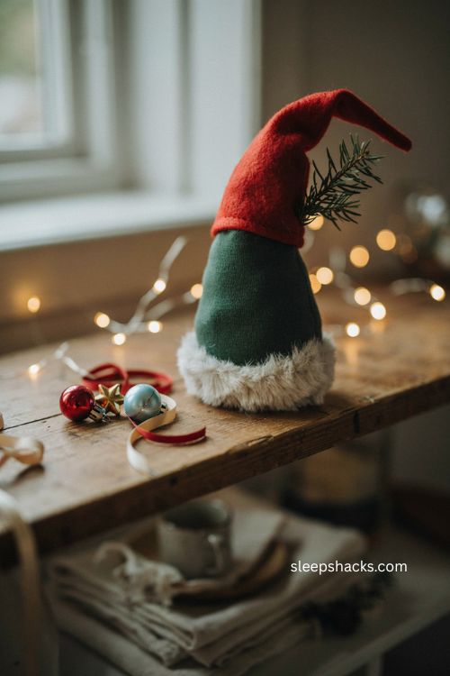 Whimsical grinch gnome with green fabric body faux fur trim and red hat