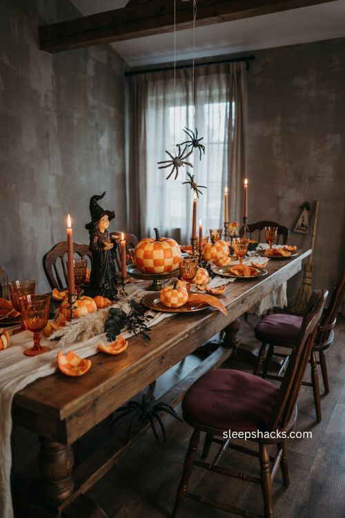 Whimsigoth Halloween dining room with grinning witch oversized spiders checkerboard pumpkins and orange glassware