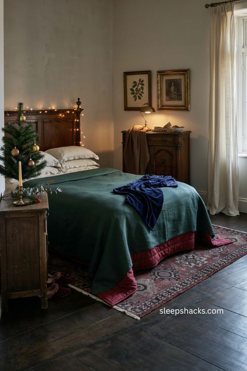 Whimsigoth christmas bedroom with deep green bedding velvet throw fairy lights and brass lamps