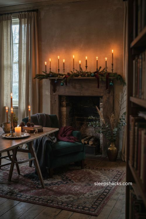Whimsigoth christmas candlelight with brass taper holders greenery pinecones and warm glow