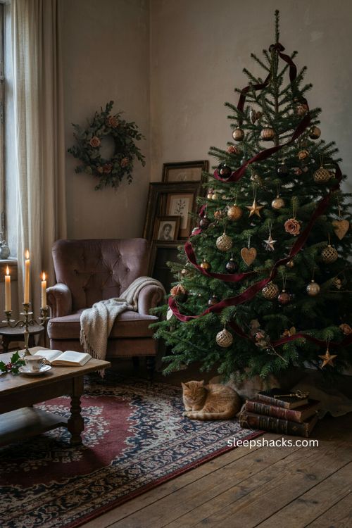 Whimsigoth christmas decor with burgundy midnight blue velvet and antique gold
