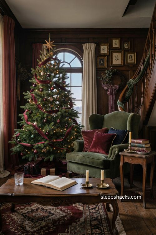 Whimsigoth christmas decor with burgundy velvet ribbon forest green and vintage accents