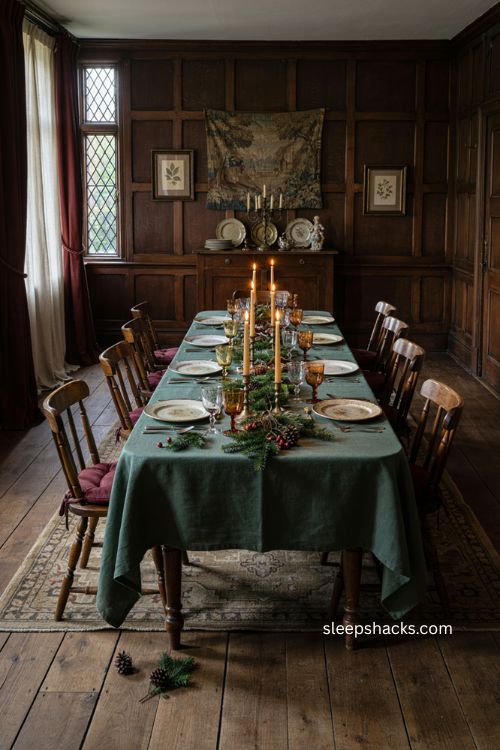 Whimsigoth christmas dinner table with burgundy linen antique brass and vintage glassware