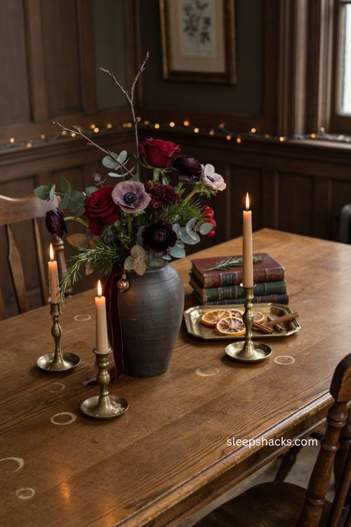 Whimsigoth christmas floral centerpiece with burgundy roses eucalyptus evergreen and aged brass