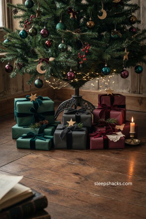 Whimsigoth christmas gift wrapping with burgundy green black paper and velvet ribbon