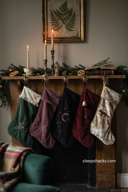 Whimsigoth christmas stockings in deep green plum and black velvet with antique brass hooks