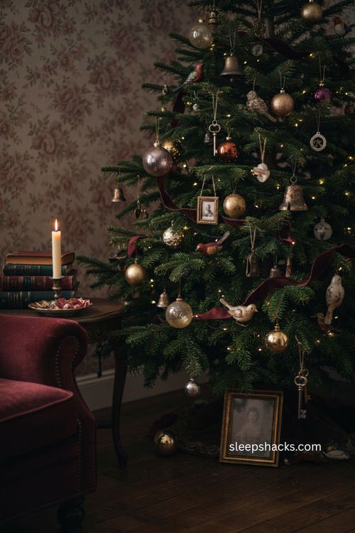 Whimsigoth christmas tree with antique glass baubles bells keys birds and vintage ornaments