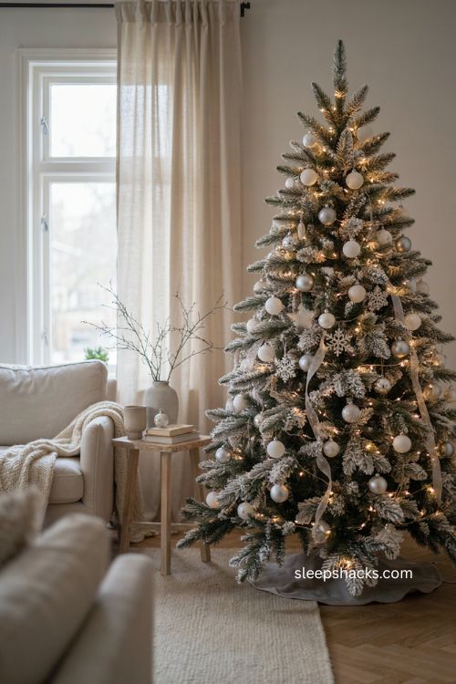 White Christmas tree with subtle silver snowflakes and warm lights 