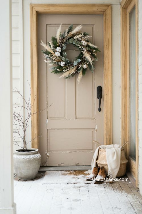 White Christmas wreath ideas with frosted branches and natural winter textures 