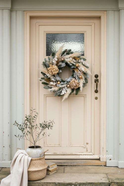 White Christmas wreath with elegant gold accents and frosted greenery