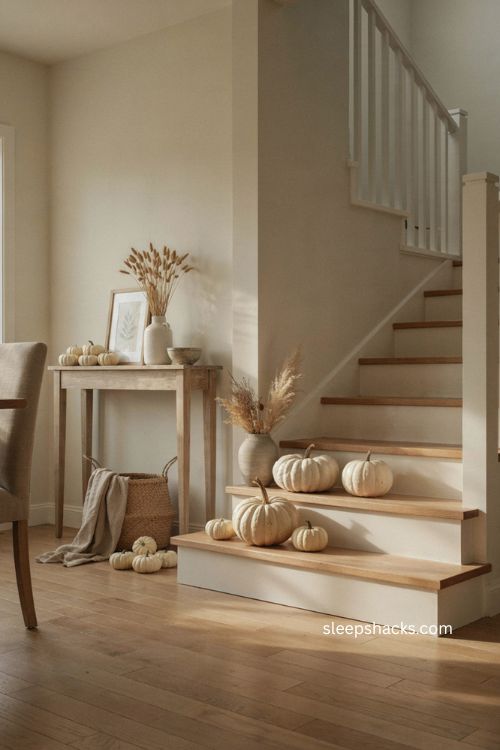 White and cream pumpkins with neutral fall decor on a cozy farmhouse staircase