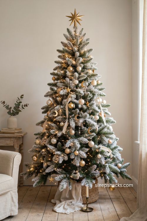 White and gold celestial Christmas tree with pearls stars and crescent moons