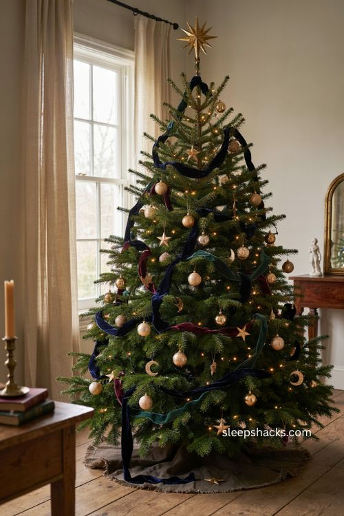 White and gold celestial Christmas tree with pearls stars and crescent moons