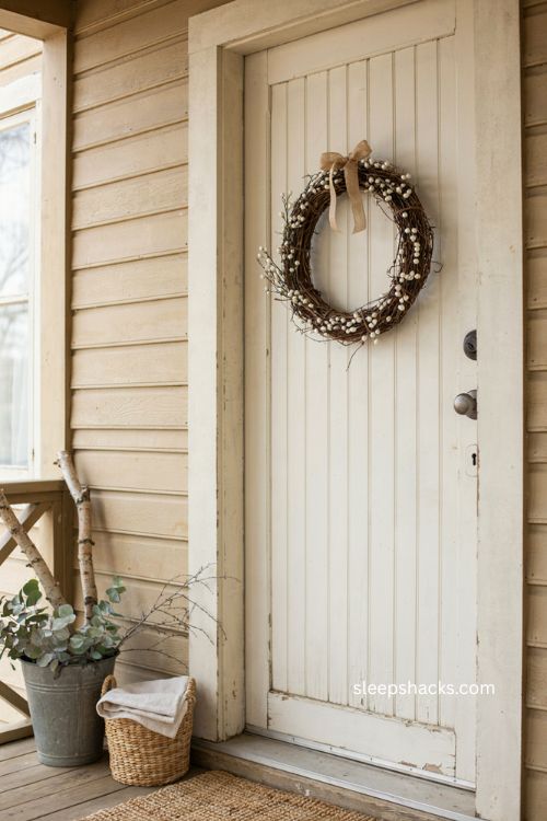 White berry farmhouse Christmas wreath with grapevine and linen bow 