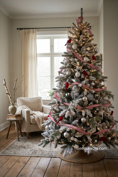 White feather boa Christmas tree with snowy texture and red silver holiday ornaments 