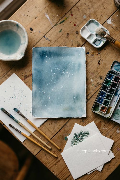 White gouache splatter snow effect on watercolor Christmas card 
