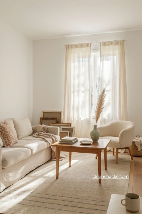 White living room decor with warm textures and cozy layered accents