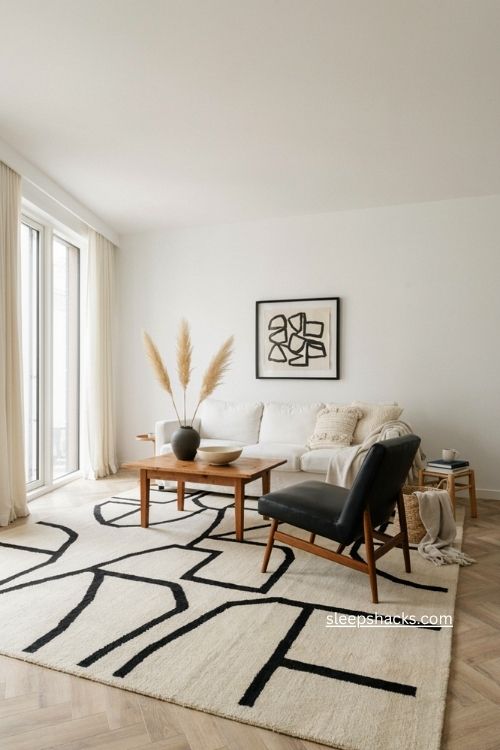 White living room with black and white geometric patterned rug 