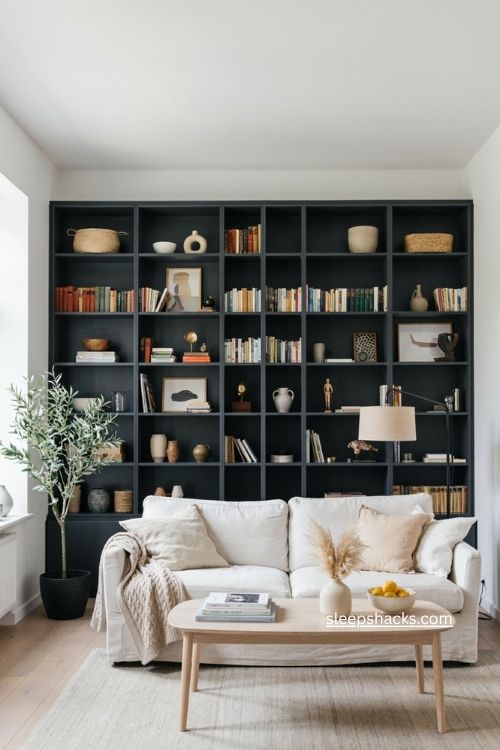 White living room with black built in shelves and cozy decor
