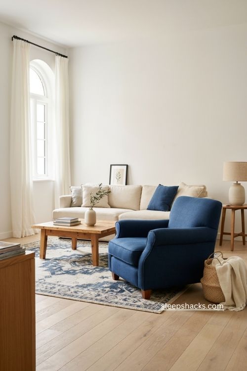 White living room with blue accents and bright natural light
