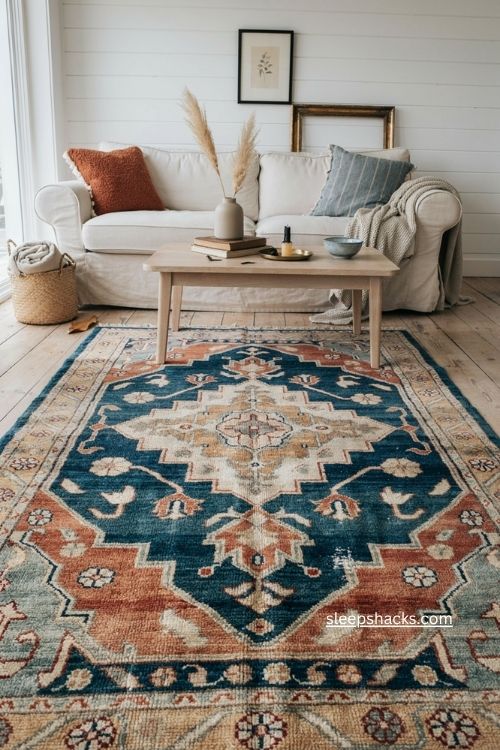 White living room with colorful area rug and warm layered decor
