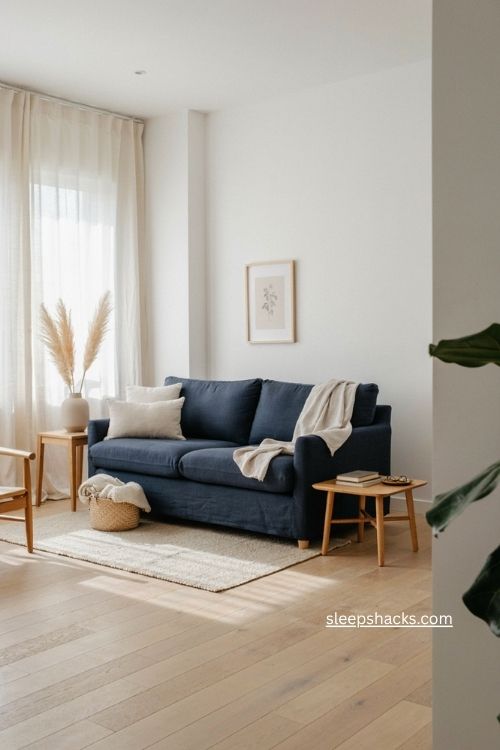 White living room with dark navy statement sofa and warm accents