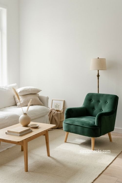 White living room with emerald green accent chair and plush rug
