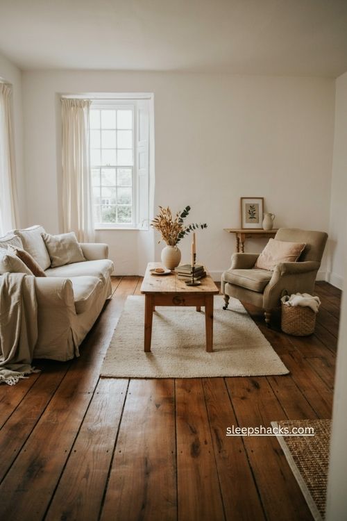 White living room with exposed dark wood floors and soft rug