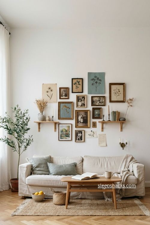 White living room with gallery wall botanical art and vintage frames