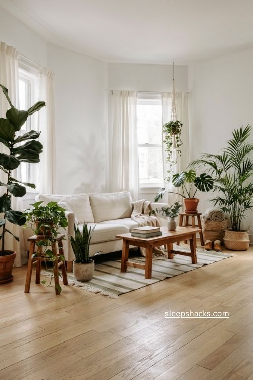 White living room with layered potted plants and greenery 