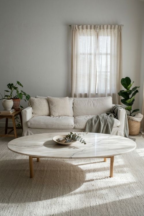 White living room with marble coffee table and plush rug 
