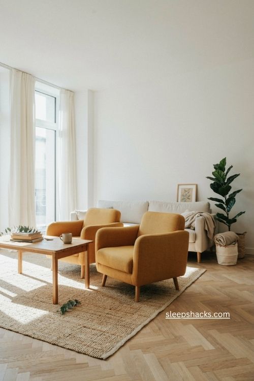 White living room with mustard yellow chairs and natural wood