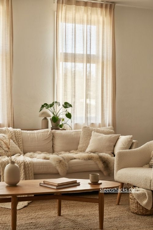 White living room with plush textures chunky knit and boucle accents