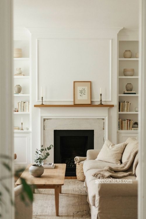 White living room with refreshed fireplace and built in shelving