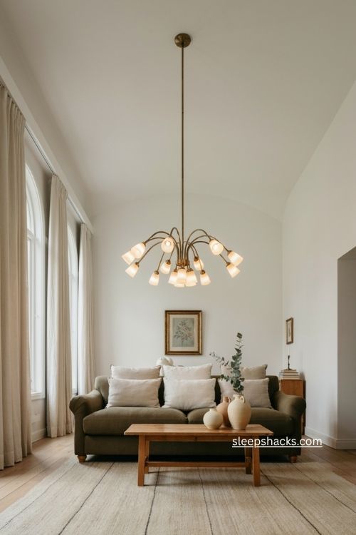 White living room with statement chandelier and olive green sofa 