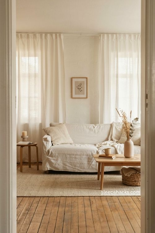 White living room with washable linen slipcover sofa and cozy decor