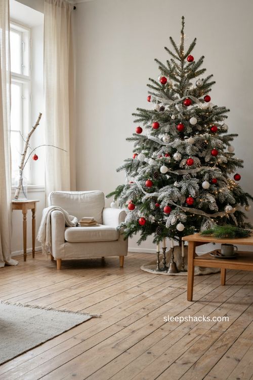 White or flocked Christmas tree with red and silver ornaments for a bright winter holiday look 