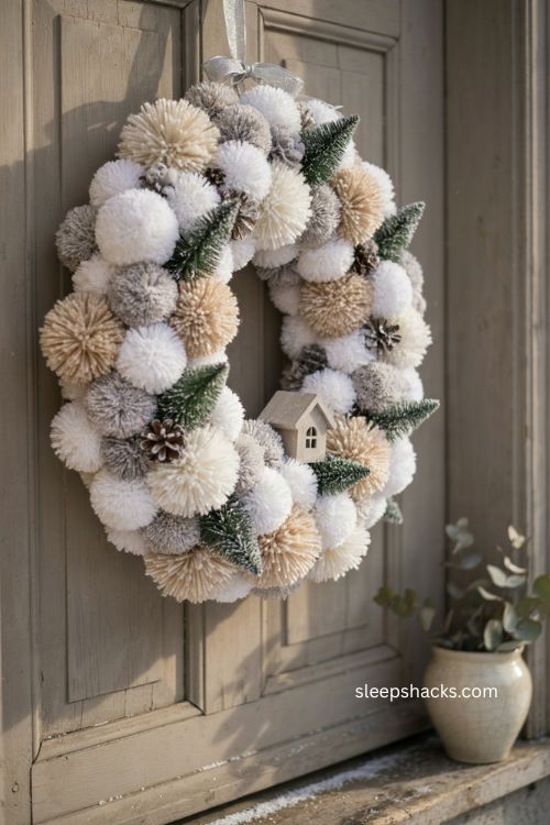 White pom pom Christmas wreath with mini trees and tiny winter village house 
