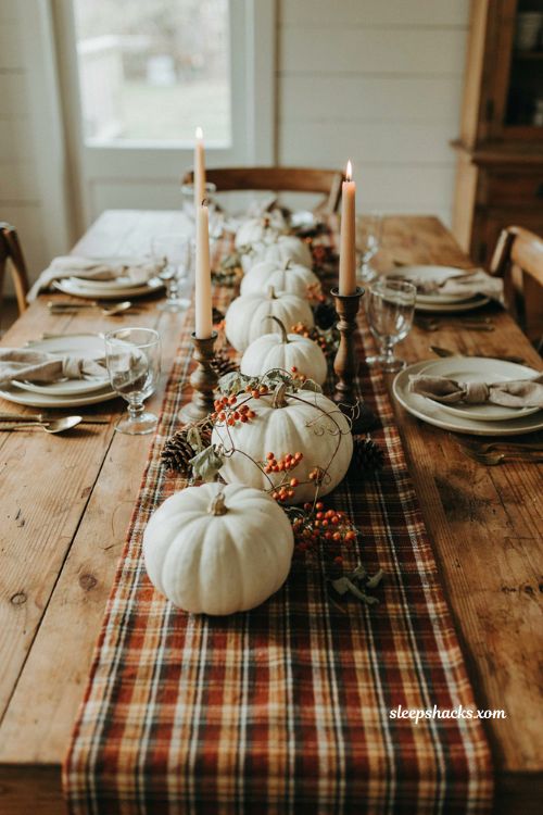 White pumpkin Thanksgiving centerpiece with bittersweet vine and orange plaid runner