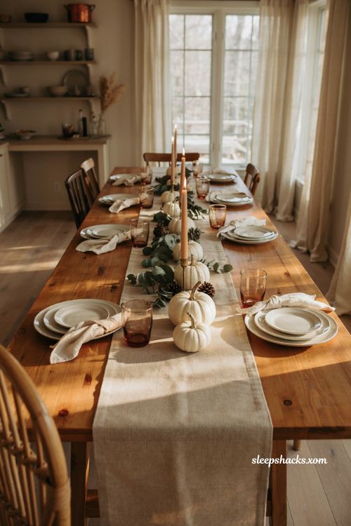 White pumpkin Thanksgiving table runner with burlap eucalyptus and pinecones
