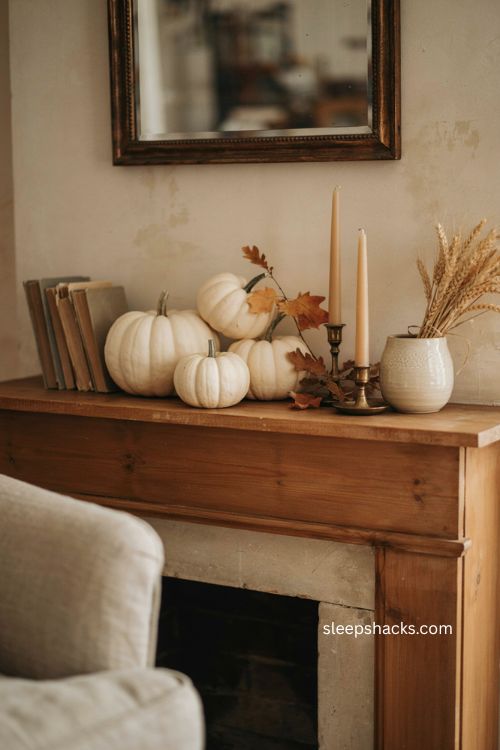 White pumpkin mantle decor ideas for a timeless cozy fall home