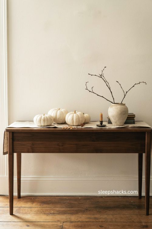 White pumpkins on dark wood entry table with candle minimalist Halloween decor