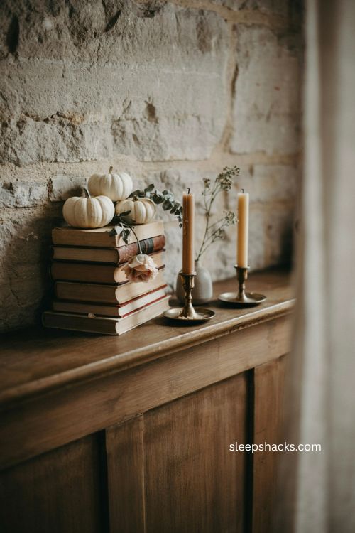 White pumpkins with vintage books for a romantic fall mantle 