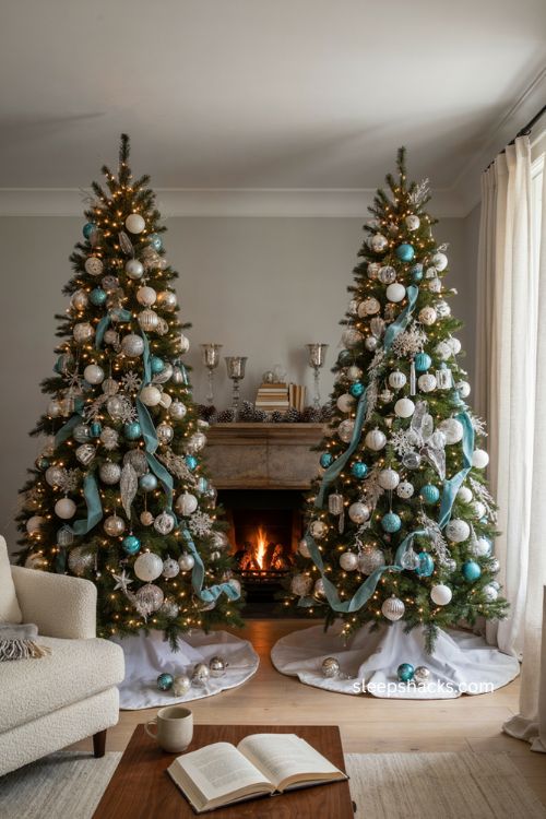 White silver and teal blue Christmas trees with layered winter ornaments 