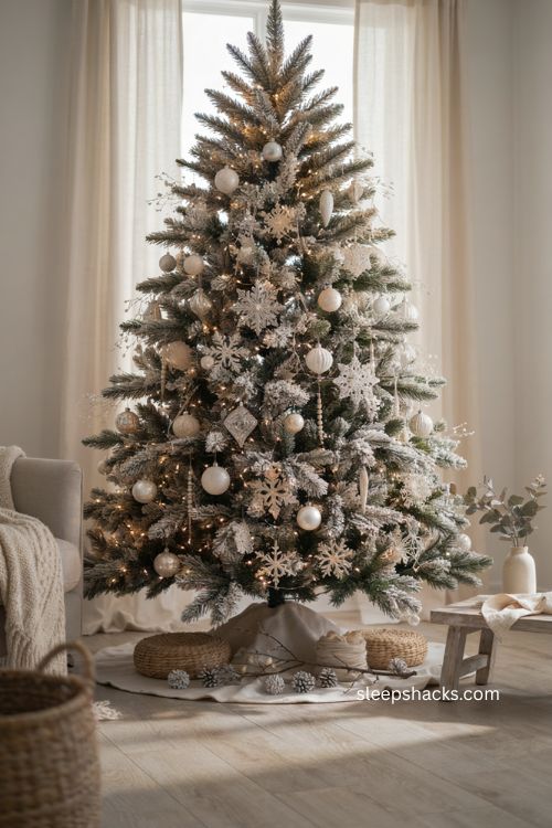 White snowflake Christmas tree with crystal ornaments and warm lights